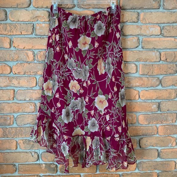 Robbie Bee Vintage Silk Floral Print High Low Midi Skirt Red - Size 10 Petite - Picture 2 of 5